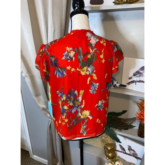 CeCe NWT $79 size Small Island Oasis Color 691 Fiery Red Lined Cap Sleeve Blouse - Picture 7 of 11